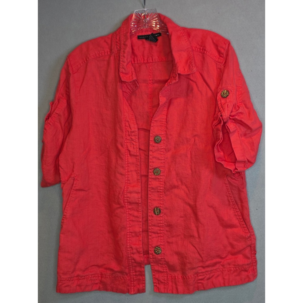 Grace Elements Button Down Shirt Womens Red 100% Linen Short Sleeve Sz M Pocket